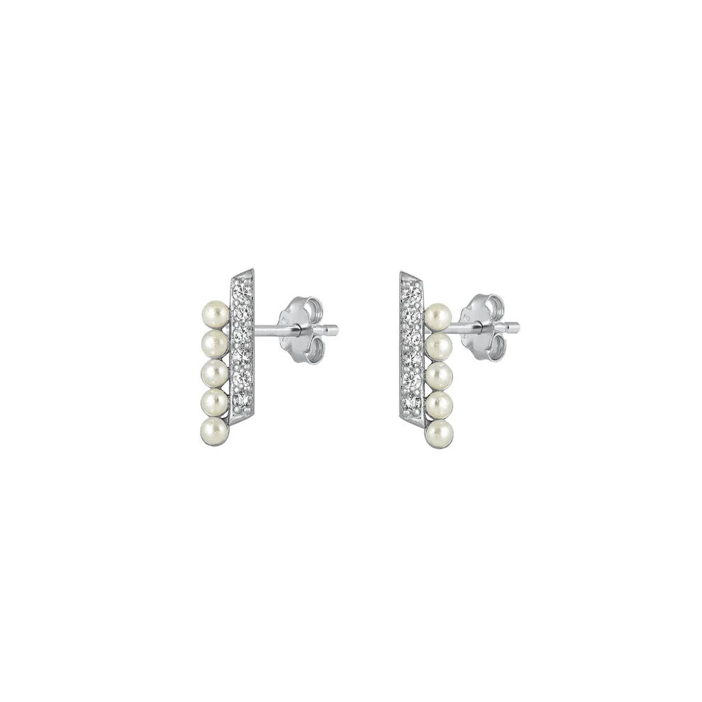 Sterling Silver Rhodium Plated Clear CZ And Pearl Earrings