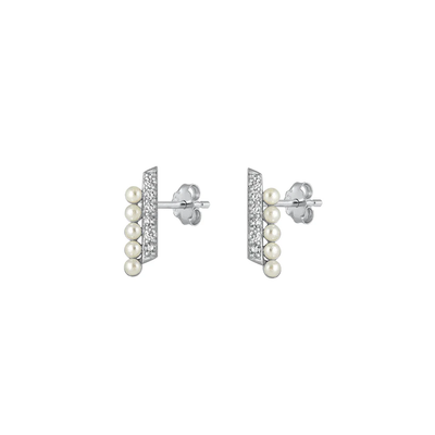 Sterling Silver Rhodium Plated Pearl And Clear CZ Earrings