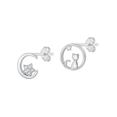 Sterling Silver Rhodium Plated Moon And Cat Clear CZ Earrings