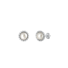 Sterling Silver Rhodium Plated Round Pearl And Clear CZ Earrings