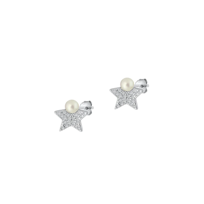 Sterling Silver Oxidized Star Clear CZ And Pearl Earrings