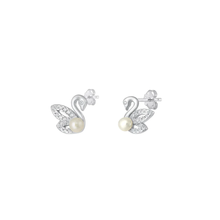 Load image into Gallery viewer, Sterling Silver Rhodium Plated Swan Pearl And Clear CZ Earrings