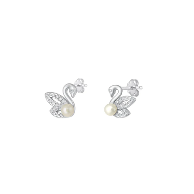 Sterling Silver Rhodium Plated Swan Pearl And Clear CZ Earrings