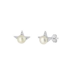 Sterling Silver Rhodium Plated Half Star Pearl And Clear CZ Earrings