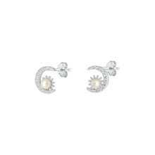 Load image into Gallery viewer, Sterling Silver Rhodium Plated Moon And Star Pearl And Clear CZ Earrings