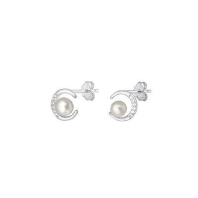 Sterling Silver Rhodium Plated Moon Pearl And Clear CZ Earrings