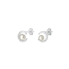 Sterling Silver Rhodium Plated Moon Pearl And Clear CZ Earrings
