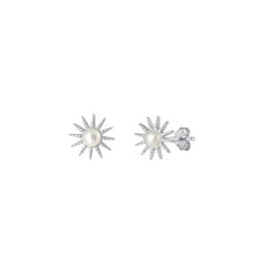 Sterling Silver Rhodium Plated Sunburst Pearl And Clear CZ Earrings