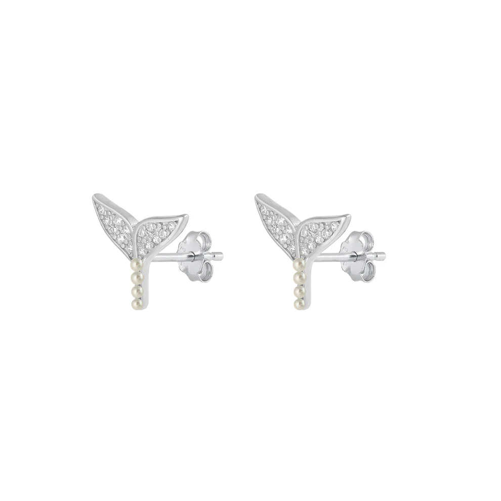 Sterling Silver Rhodium Plated Whale Tail Clear CZ Earrings