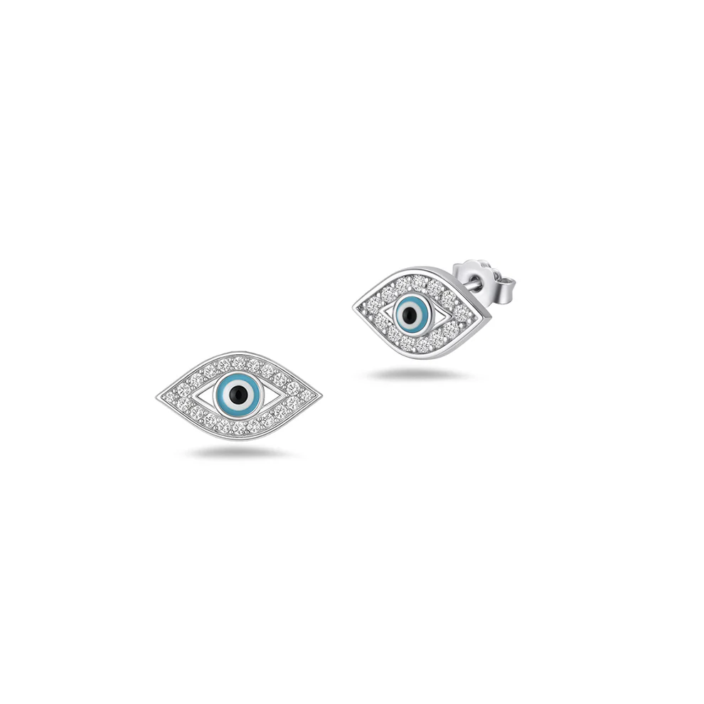 Sterling Silver Rhodium Plated Clear CZ Evil Eye Earrings