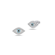 Load image into Gallery viewer, Sterling Silver Rhodium Plated Clear CZ Evil Eye Earrings