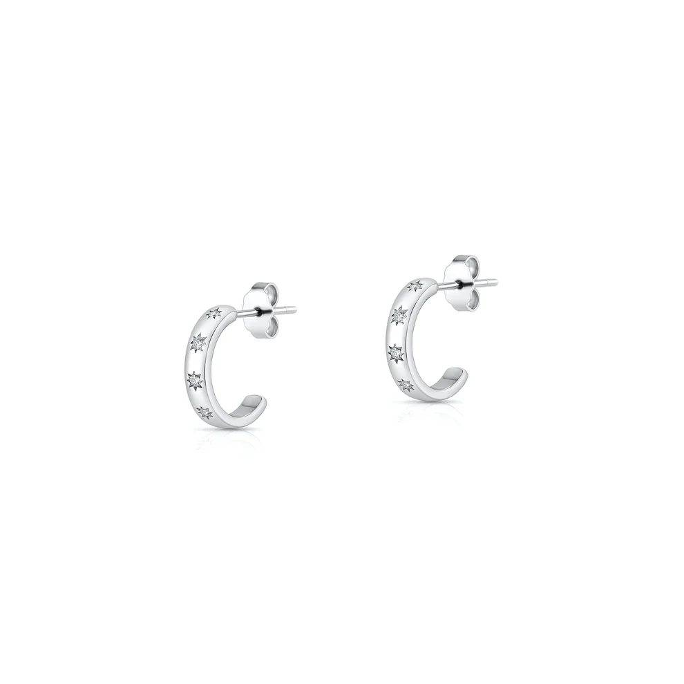 Sterling Silver Rhodium Plated Clear CZ Half Hoop Earrings
