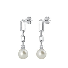 Load image into Gallery viewer, Sterling Silver Rhodium Plated 31.9mm Pearl And Clear CZ Earrings