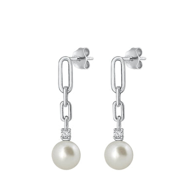 Sterling Silver Rhodium Plated 31.9mm Pearl And Clear CZ Earrings