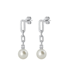 Sterling Silver Rhodium Plated 31.9mm Pearl And Clear CZ Earrings