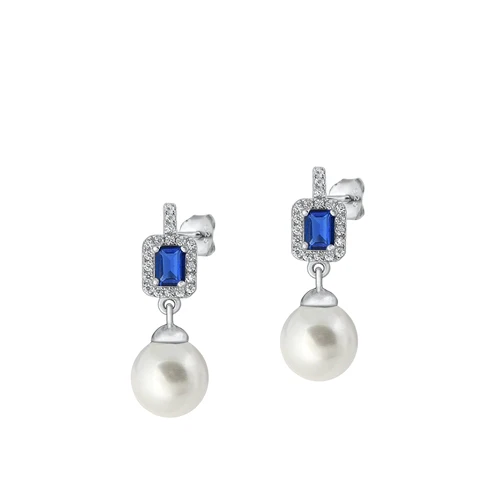 Sterling Silver Rhodium Plated Pearl Blue And Clear CZ Earrings