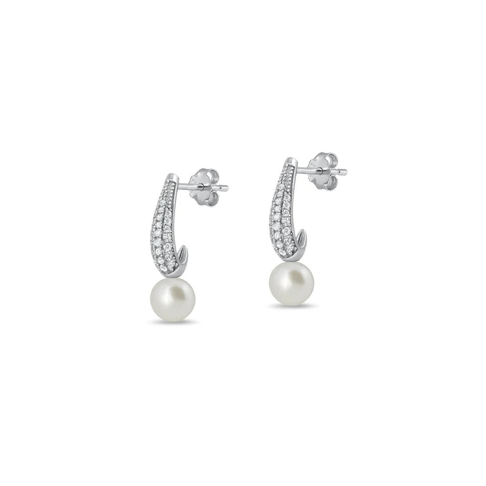 Sterling Silver Rhodium Plated Pearl And Clear CZ Earrings