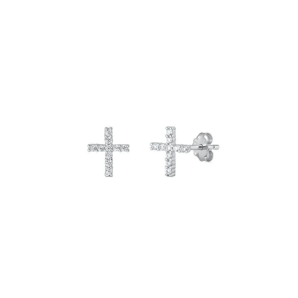 Sterling Silver Rhodium Plated Cross Clear CZ Earrings