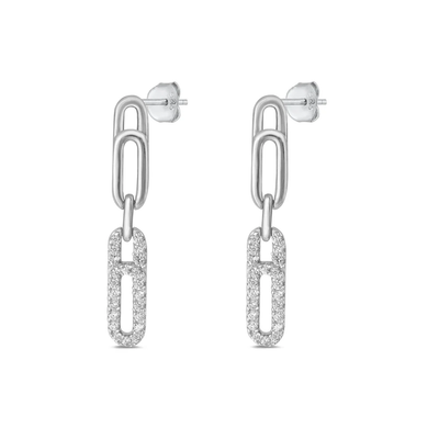 Sterling Silver Rhodium Plated Paper Clip Clear CZ Earrings