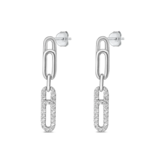 Sterling Silver Rhodium Plated Paper Clip Clear CZ Earrings