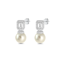 Load image into Gallery viewer, Sterling Silver Rhodium Plated Clear CZ And Pearl Earrings