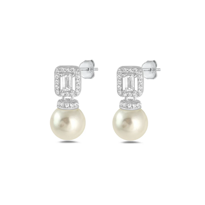 Sterling Silver Rhodium Plated Clear CZ And Pearl Earrings