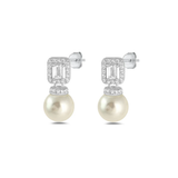 Sterling Silver Rhodium Plated Clear CZ And Pearl Earrings