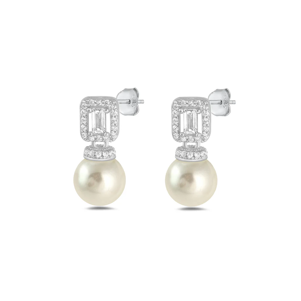 Sterling Silver Rhodium Plated Pearl And Clear CZ Earrings