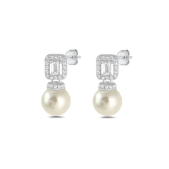 Sterling Silver Rhodium Plated Clear CZ And Pearl Earrings
