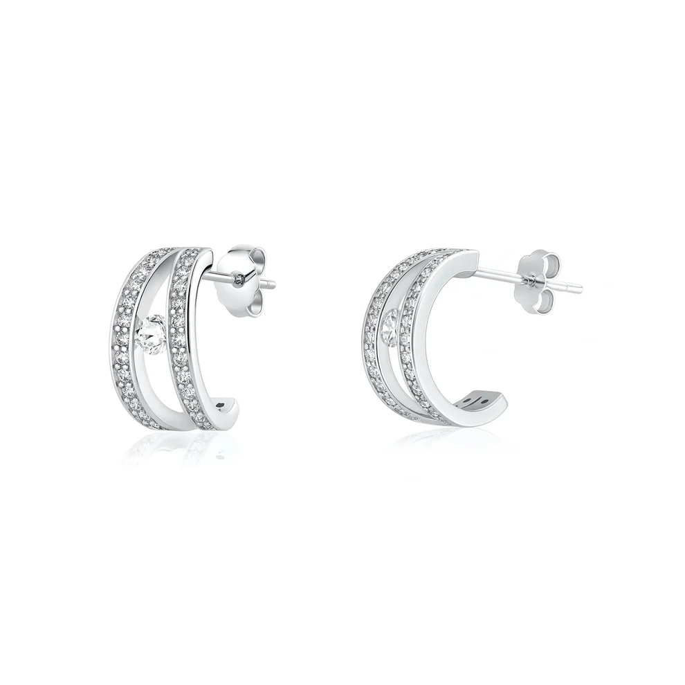 Sterling Silver Rhodium Plated Open Hoop Clear CZ Earrings