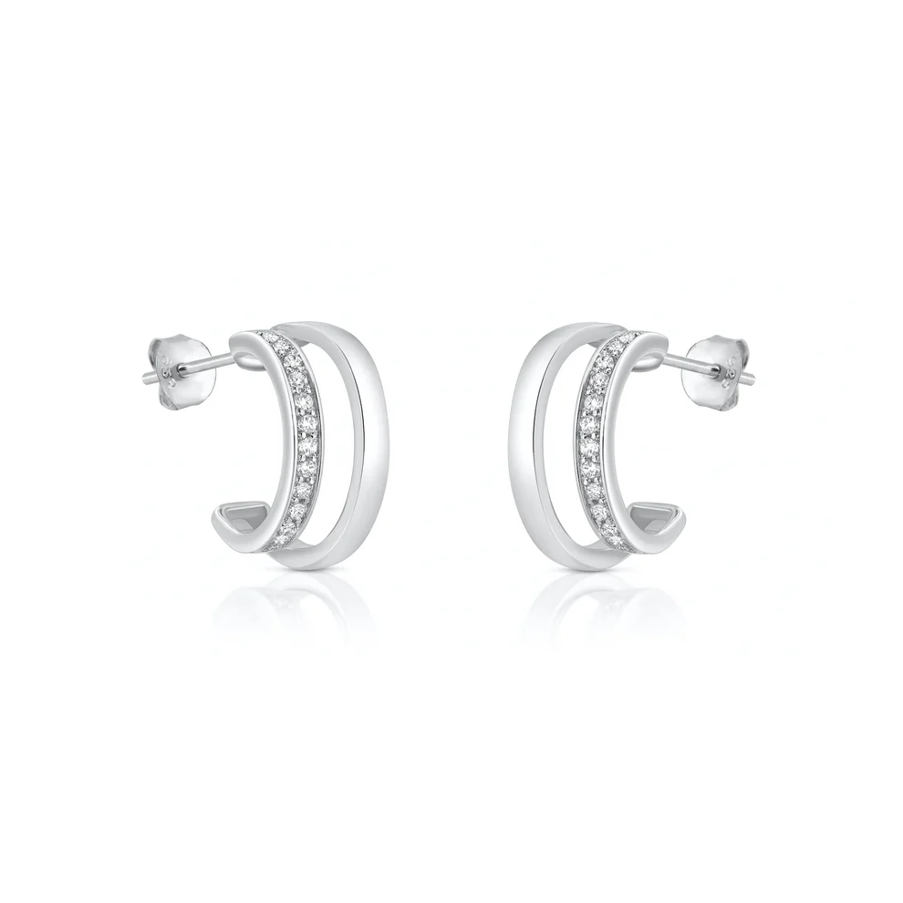 Sterling Silver Rhodium Plated Clear CZ Open Hoop Earrings