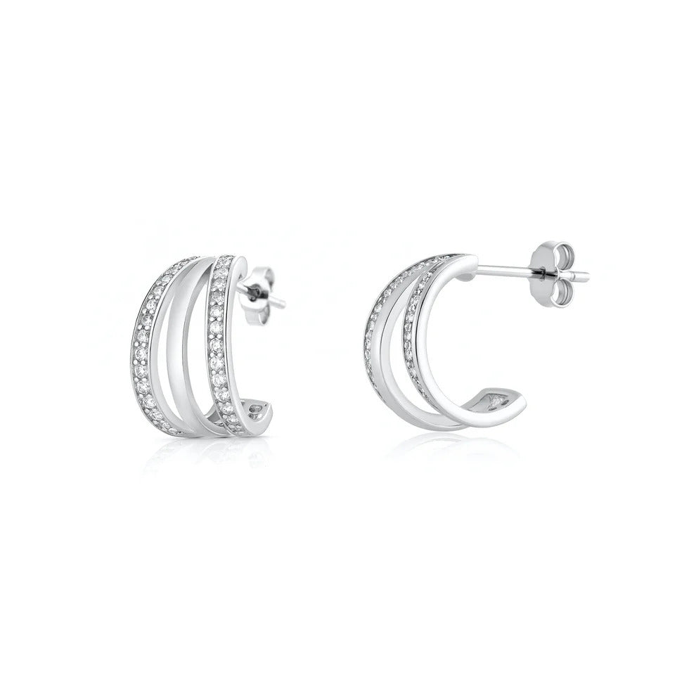 Sterling Silver Rhodium Plated Clear CZ Open Hoop Earrings