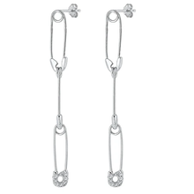 Load image into Gallery viewer, Sterling Silver Rhodium Plated Hanging Safety Pins Clear CZ Earrings