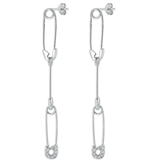 Sterling Silver Rhodium Plated Hanging Safety Pins Clear CZ Earrings