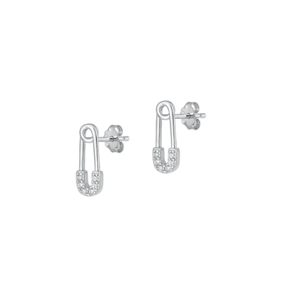 Sterling Silver Rhodium Plated Safety Pin Clear CZ Earrings