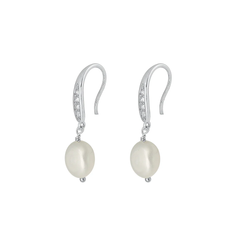Sterling Silver Rhodium Plated Freshwater Pearl And Clear CZ Earrings