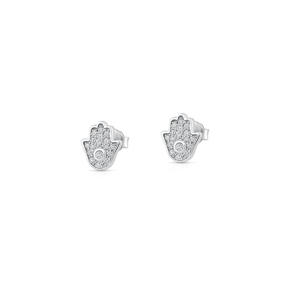 Sterling Silver Rhodium Plated Clear CZ Hamsa Earrings