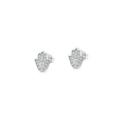 Sterling Silver Rhodium Plated Clear CZ Hamsa Earrings
