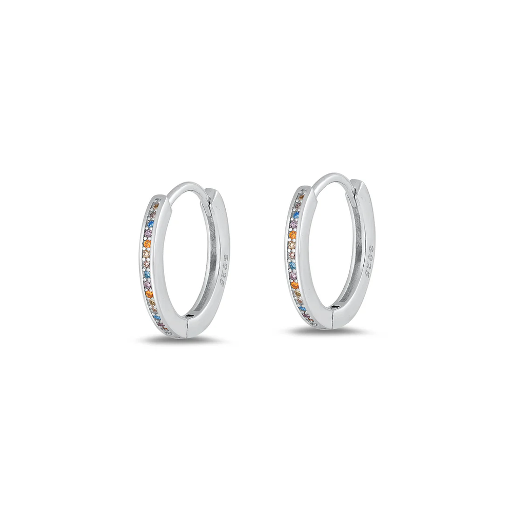 Sterling Silver Rhodium Plated Hoop Multi Colored CZ Earrings