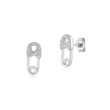 Load image into Gallery viewer, Sterling Silver Rhodium Plated Clear CZ Safety Pin Earrings