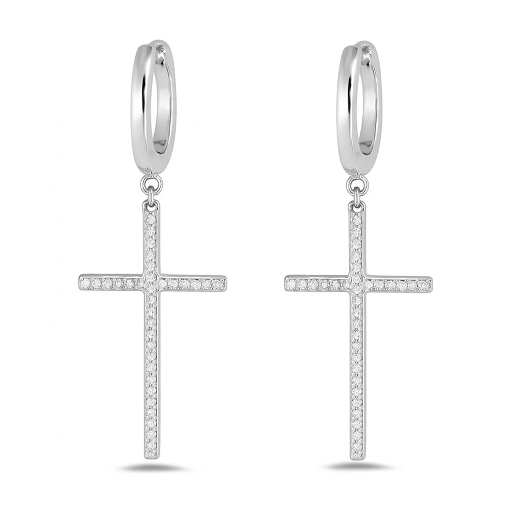 Sterling Silver Rhodium Plated Dangle Cross Clear CZ Earrings