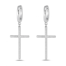 Load image into Gallery viewer, Sterling Silver Rhodium Plated Dangle Cross Clear CZ Earrings