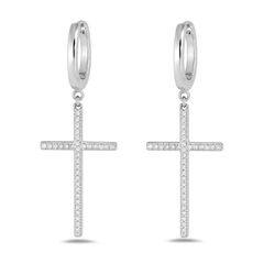 Sterling Silver Rhodium Plated Dangle Cross Clear CZ Earrings