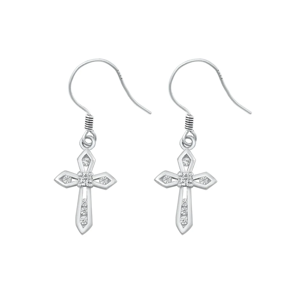 Sterling Silver Rhodium Plated Clear CZ Cross Earrings