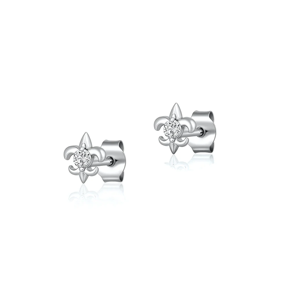 Sterling Silver Rhodium Plated Fleur De Lise Clear CZ Earrings