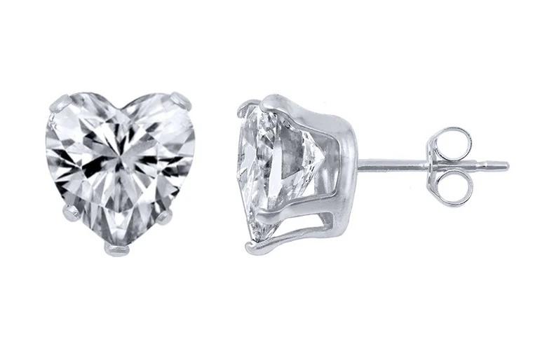 Sterling Silver Stamping Heart Clear CZ Earrings