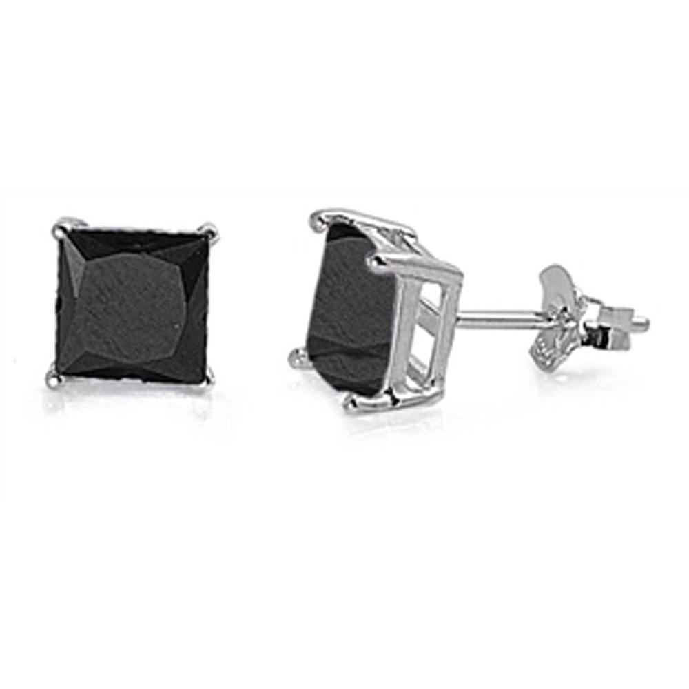 Sterling Silver Rhodium Plated 3mm Princess Cut Cz Stud Earring Set on Basket Prong Setting with Friction Back Post