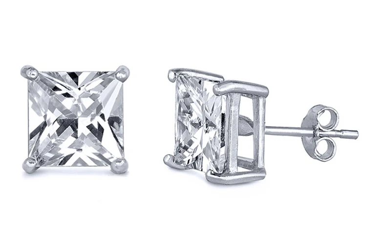 Sterling Silver Rhodium Plated 4mm Princess Cut Cz Stud Earring Set on Basket Prong Setting with Friction Back Post