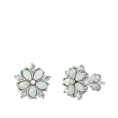 Sterling Silver Rhodium Plated White Lab Opal And Clear CZ Flower Stud Earrings
