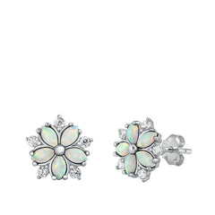 Sterling Silver Rhodium Plated White Lab Opal And Clear CZ Flower Stud Earrings
